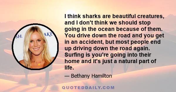 I think sharks are beautiful creatures, and I don't think we should stop going in the ocean because of them. You drive down the road and you get in an accident, but most people end up driving down the road again.