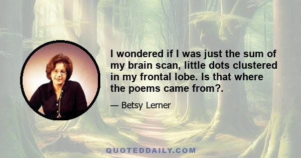 I wondered if I was just the sum of my brain scan, little dots clustered in my frontal lobe. Is that where the poems came from? The desire to destroy myself? This last depression had scared me. It had come on so