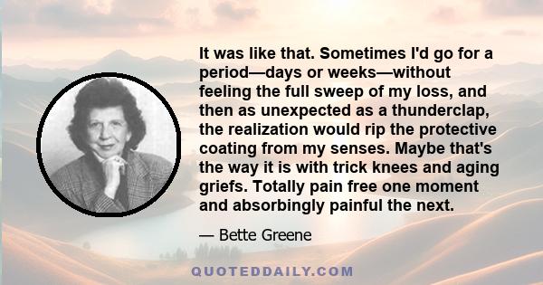 It was like that. Sometimes I'd go for a period—days or weeks—without feeling the full sweep of my loss, and then as unexpected as a thunderclap, the realization would rip the protective coating from my senses. Maybe