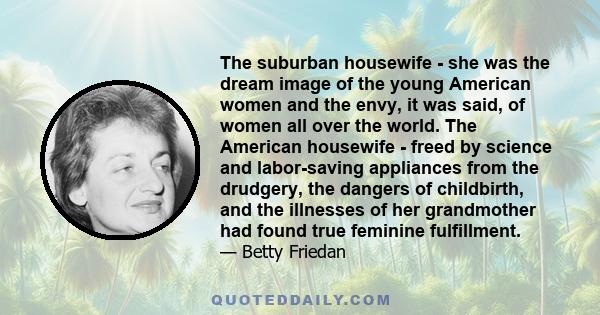 The suburban housewife - she was the dream image of the young American women and the envy, it was said, of women all over the world. The American housewife - freed by science and labor-saving appliances from the