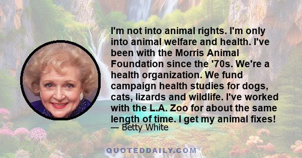 I'm not into animal rights. I'm only into animal welfare and health. I've been with the Morris Animal Foundation since the '70s. We're a health organization. We fund campaign health studies for dogs, cats, lizards and