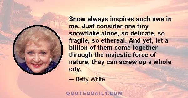 Snow always inspires such awe in me. Just consider one tiny snowflake alone, so delicate, so fragile, so ethereal. And yet, let a billion of them come together through the majestic force of nature, they can screw up a