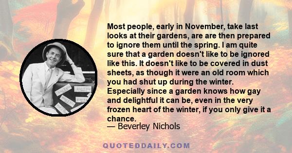 Most people, early in November, take last looks at their gardens, are are then prepared to ignore them until the spring. I am quite sure that a garden doesn't like to be ignored like this. It doesn't like to be covered