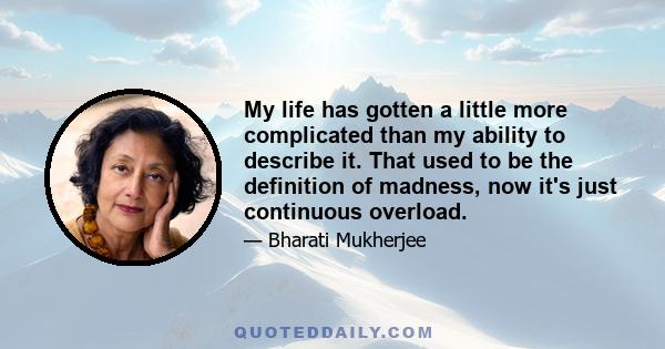 My life has gotten a little more complicated than my ability to describe it. That used to be the definition of madness, now it's just continuous overload.