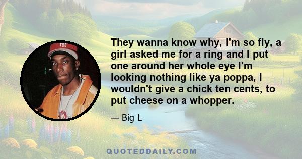 They wanna know why, I'm so fly, a girl asked me for a ring and I put one around her whole eye I'm looking nothing like ya poppa, I wouldn't give a chick ten cents, to put cheese on a whopper.