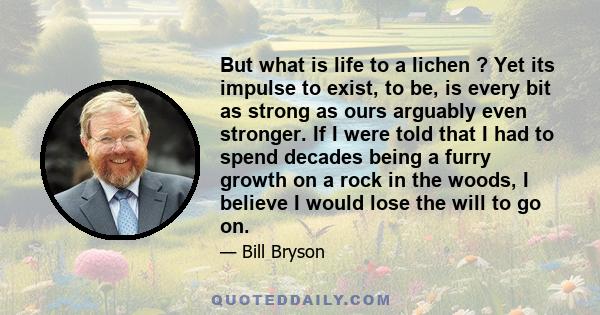 But what is life to a lichen ? Yet its impulse to exist, to be, is every bit as strong as ours arguably even stronger. If I were told that I had to spend decades being a furry growth on a rock in the woods, I believe I
