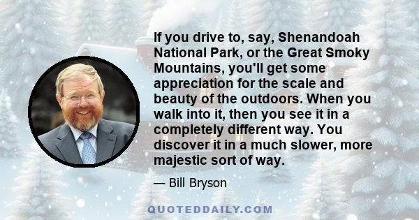 If you drive to, say, Shenandoah National Park, or the Great Smoky Mountains, you'll get some appreciation for the scale and beauty of the outdoors. When you walk into it, then you see it in a completely different way.