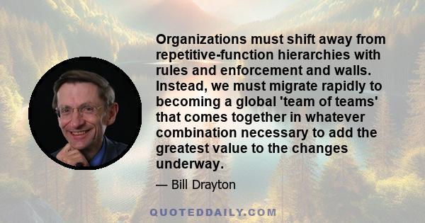 Organizations must shift away from repetitive-function hierarchies with rules and enforcement and walls. Instead, we must migrate rapidly to becoming a global 'team of teams' that comes together in whatever combination