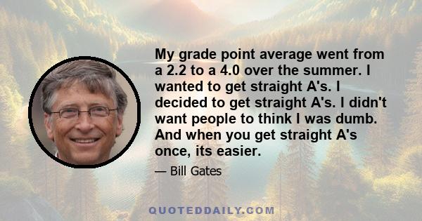 My grade point average went from a 2.2 to a 4.0 over the summer. I wanted to get straight A's. I decided to get straight A's. I didn't want people to think I was dumb. And when you get straight A's once, its easier.