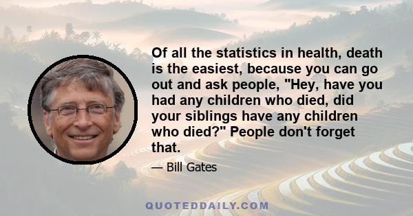 Of all the statistics in health, death is the easiest, because you can go out and ask people, Hey, have you had any children who died, did your siblings have any children who died? People don't forget that.