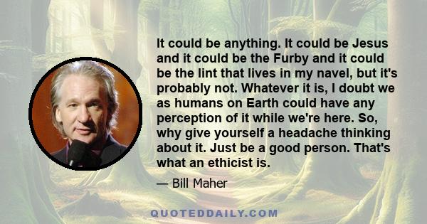 It could be anything. It could be Jesus and it could be the Furby and it could be the lint that lives in my navel, but it's probably not. Whatever it is, I doubt we as humans on Earth could have any perception of it