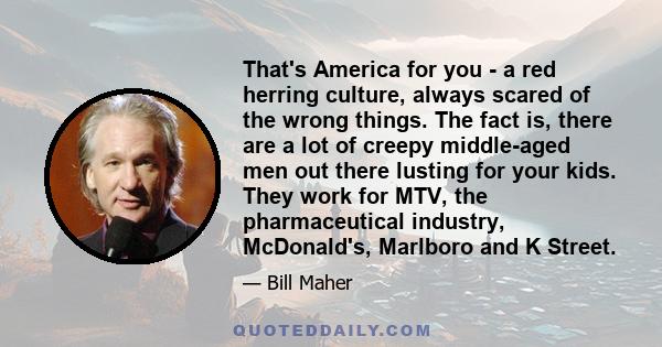 That's America for you - a red herring culture, always scared of the wrong things. The fact is, there are a lot of creepy middle-aged men out there lusting for your kids. They work for MTV, the pharmaceutical industry,