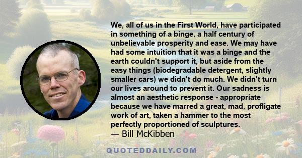 We, all of us in the First World, have participated in something of a binge, a half century of unbelievable prosperity and ease. We may have had some intuition that it was a binge and the earth couldn't support it, but