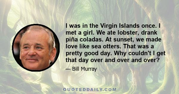 I was in the Virgin Islands once. I met a girl. We ate lobster, drank piña coladas. At sunset, we made love like sea otters. That was a pretty good day. Why couldn't I get that day over and over and over?