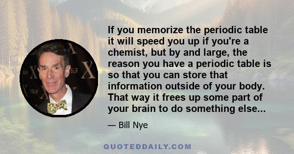 If you memorize the periodic table it will speed you up if you're a chemist, but by and large, the reason you have a periodic table is so that you can store that information outside of your body. That way it frees up