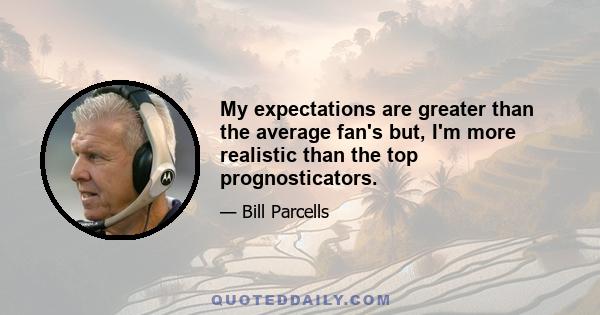 My expectations are greater than the average fan's but, I'm more realistic than the top prognosticators.