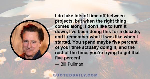 I do take lots of time off between projects, but when the right thing comes along, I don't like to turn it down, I've been doing this for a decade, and I remember what it was like when I started. You spend maybe five