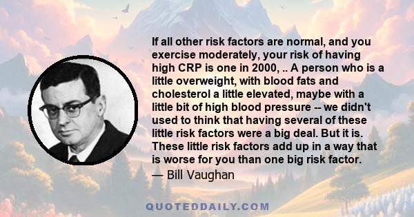 If all other risk factors are normal, and you exercise moderately, your risk of having high CRP is one in 2000, .. A person who is a little overweight, with blood fats and cholesterol a little elevated, maybe with a