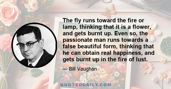 The fly runs toward the fire or lamp, thinking that it is a flower, and gets burnt up. Even so, the passionate man runs towards a false beautiful form, thinking that he can obtain real happiness, and gets burnt up in