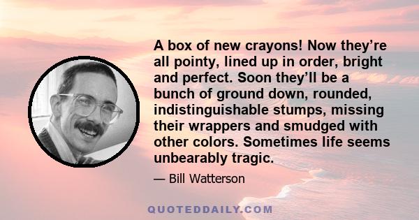 A box of new crayons! Now they’re all pointy, lined up in order, bright and perfect. Soon they’ll be a bunch of ground down, rounded, indistinguishable stumps, missing their wrappers and smudged with other colors.