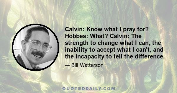 Calvin: Know what I pray for? Hobbes: What? Calvin: The strength to change what I can, the inability to accept what I can't, and the incapacity to tell the difference.