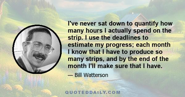 I've never sat down to quantify how many hours I actually spend on the strip. I use the deadlines to estimate my progress; each month I know that I have to produce so many strips, and by the end of the month I'll make