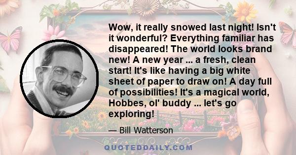 Wow, it really snowed last night! Isn't it wonderful? Everything familiar has disappeared! The world looks brand new! A new year ... a fresh, clean start! It's like having a big white sheet of paper to draw on! A day