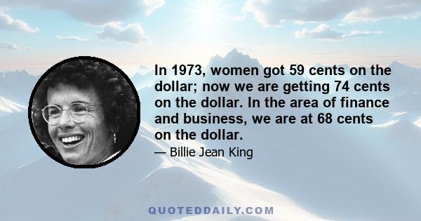 In 1973, women got 59 cents on the dollar; now we are getting 74 cents on the dollar. In the area of finance and business, we are at 68 cents on the dollar.