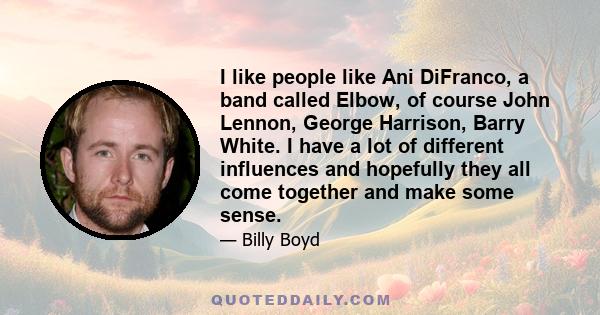 I like people like Ani DiFranco, a band called Elbow, of course John Lennon, George Harrison, Barry White. I have a lot of different influences and hopefully they all come together and make some sense.