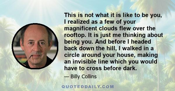 This is not what it is like to be you, I realized as a few of your magnificent clouds flew over the rooftop. It is just me thinking about being you. And before I headed back down the hill, I walked in a circle around