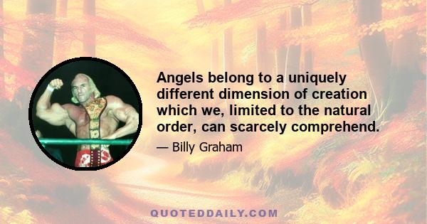 Angels belong to a uniquely different dimension of creation which we, limited to the natural order, can scarcely comprehend.