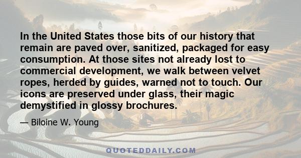 In the United States those bits of our history that remain are paved over, sanitized, packaged for easy consumption. At those sites not already lost to commercial development, we walk between velvet ropes, herded by