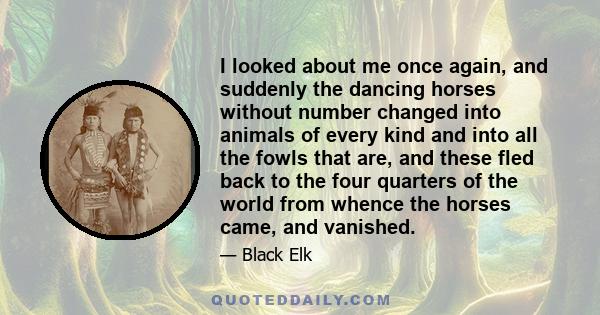 I looked about me once again, and suddenly the dancing horses without number changed into animals of every kind and into all the fowls that are, and these fled back to the four quarters of the world from whence the