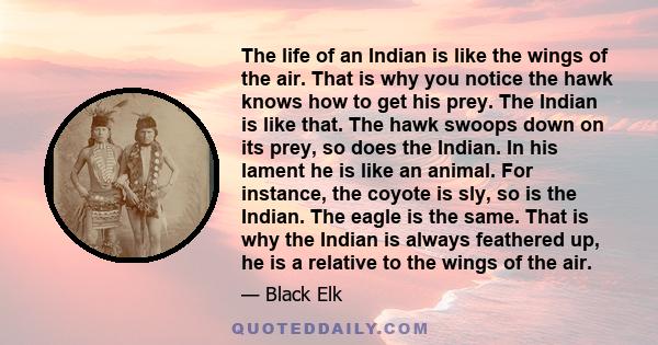 The life of an Indian is like the wings of the air. That is why you notice the hawk knows how to get his prey. The Indian is like that. The hawk swoops down on its prey, so does the Indian. In his lament he is like an