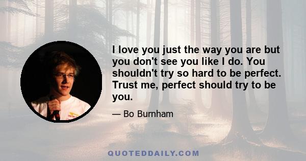 I love you just the way you are but you don't see you like I do. You shouldn't try so hard to be perfect. Trust me, perfect should try to be you.