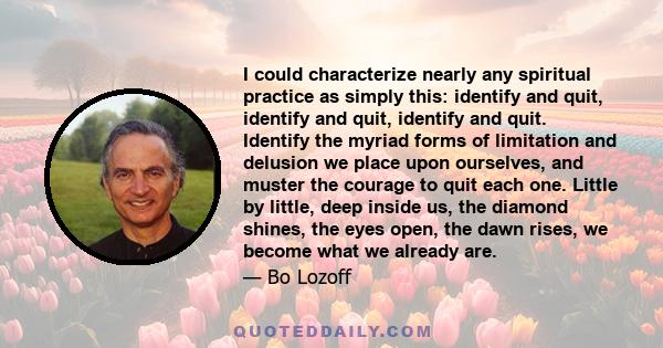 I could characterize nearly any spiritual practice as simply this: identify and quit, identify and quit, identify and quit. Identify the myriad forms of limitation and delusion we place upon ourselves, and muster the