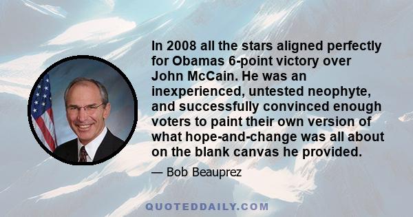 In 2008 all the stars aligned perfectly for Obamas 6-point victory over John McCain. He was an inexperienced, untested neophyte, and successfully convinced enough voters to paint their own version of what