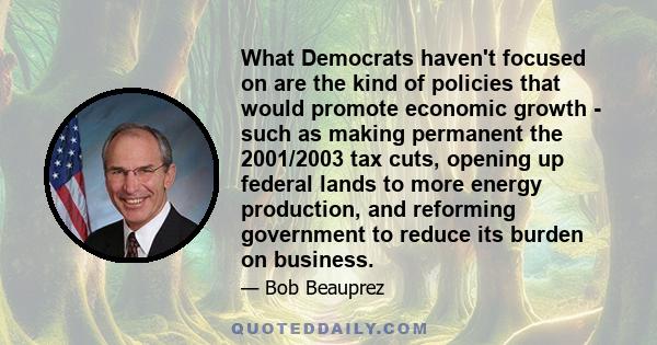 What Democrats haven't focused on are the kind of policies that would promote economic growth - such as making permanent the 2001/2003 tax cuts, opening up federal lands to more energy production, and reforming