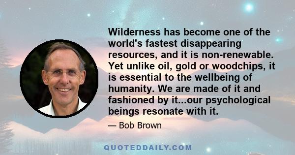 Wilderness has become one of the world's fastest disappearing resources, and it is non-renewable. Yet unlike oil, gold or woodchips, it is essential to the wellbeing of humanity. We are made of it and fashioned by