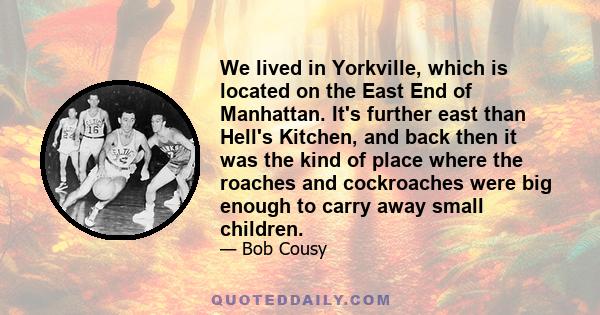 We lived in Yorkville, which is located on the East End of Manhattan. It's further east than Hell's Kitchen, and back then it was the kind of place where the roaches and cockroaches were big enough to carry away small