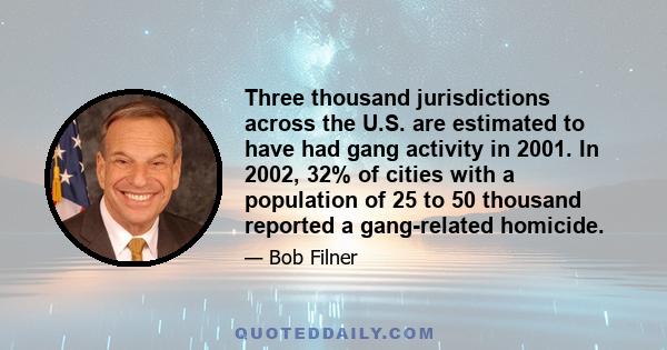 Three thousand jurisdictions across the U.S. are estimated to have had gang activity in 2001. In 2002, 32% of cities with a population of 25 to 50 thousand reported a gang-related homicide.