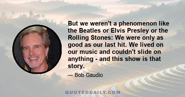 But we weren't a phenomenon like the Beatles or Elvis Presley or the Rolling Stones: We were only as good as our last hit. We lived on our music and couldn't slide on anything - and this show is that story.