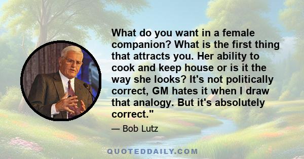 What do you want in a female companion? What is the first thing that attracts you. Her ability to cook and keep house or is it the way she looks? It's not politically correct, GM hates it when I draw that analogy. But