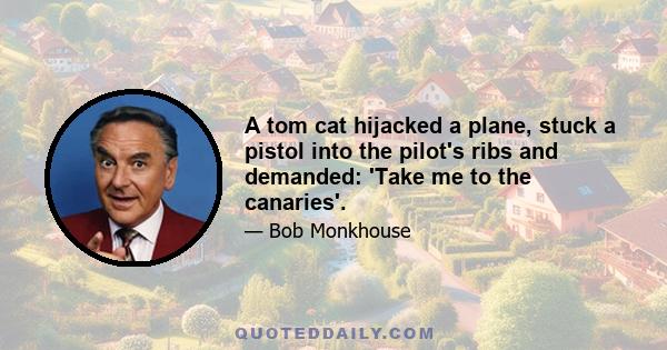 A tom cat hijacked a plane, stuck a pistol into the pilot's ribs and demanded: 'Take me to the canaries'.