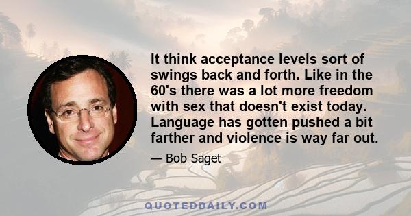 It think acceptance levels sort of swings back and forth. Like in the 60's there was a lot more freedom with sex that doesn't exist today. Language has gotten pushed a bit farther and violence is way far out.