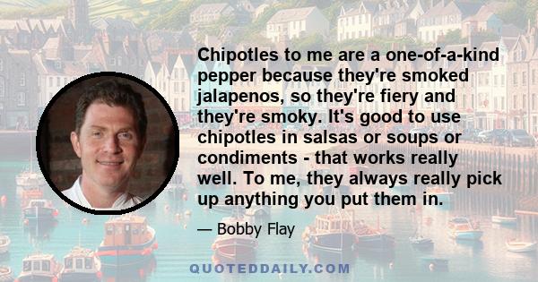 Chipotles to me are a one-of-a-kind pepper because they're smoked jalapenos, so they're fiery and they're smoky. It's good to use chipotles in salsas or soups or condiments - that works really well. To me, they always