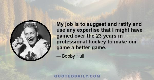 My job is to suggest and ratify and use any expertise that I might have gained over the 23 years in professional hockey to make our game a better game.