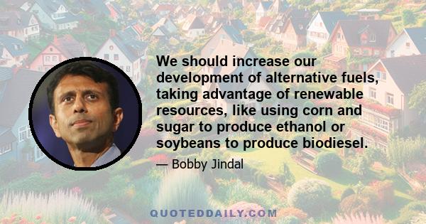 We should increase our development of alternative fuels, taking advantage of renewable resources, like using corn and sugar to produce ethanol or soybeans to produce biodiesel.