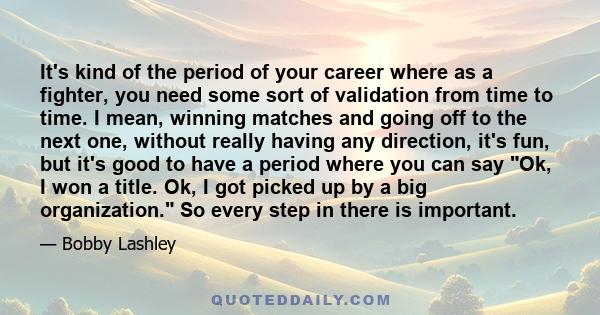 It's kind of the period of your career where as a fighter, you need some sort of validation from time to time. I mean, winning matches and going off to the next one, without really having any direction, it's fun, but