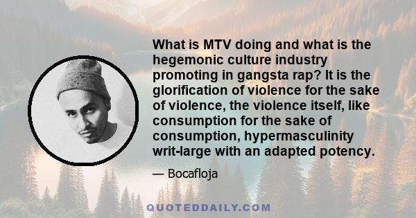 What is MTV doing and what is the hegemonic culture industry promoting in gangsta rap? It is the glorification of violence for the sake of violence, the violence itself, like consumption for the sake of consumption,